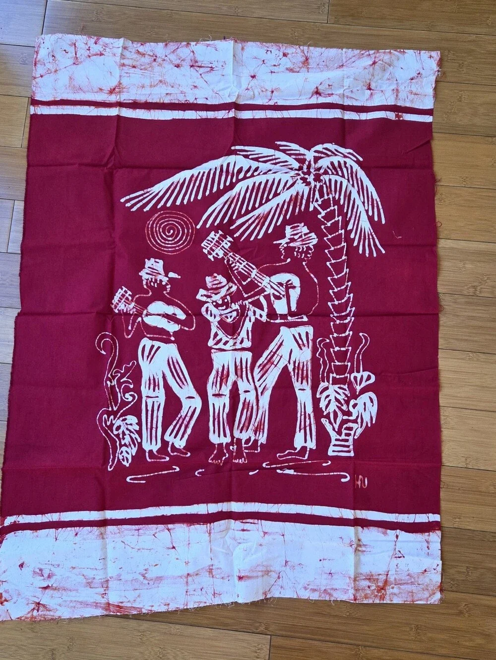 Caribelle Batik Caribbean Musicians Palm Tree Red Wax Resit Art Fabric Panel